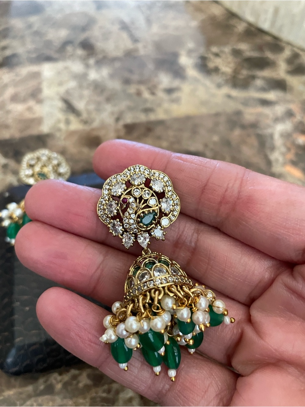 Unbranded Gold-Tone Green & Pearl Jhumka Drop Earrings